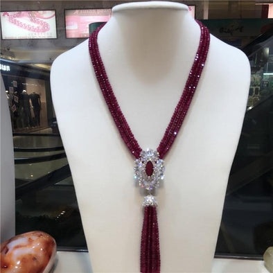 Natural Burgundy Jade Multi Strand Necklace with Zircon Clasp and Tassel