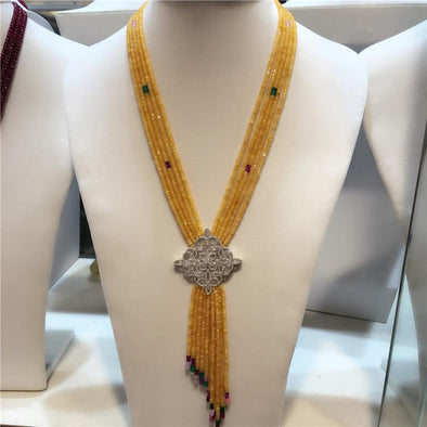 Beautiful Multi Strand Yellow Jade Necklace with Sparkling Zircon Clasp