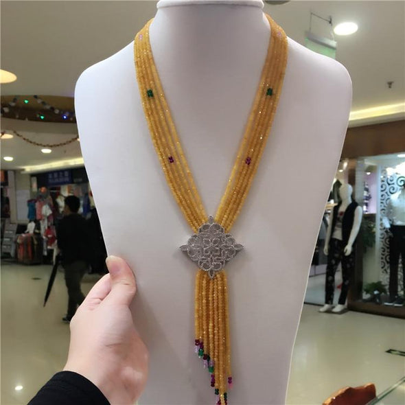 Beautiful Multi Strand Yellow Jade Necklace with Sparkling Zircon Clasp