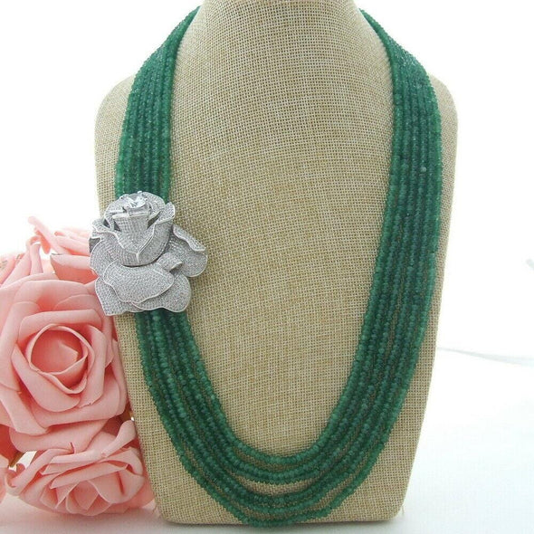 Charming 6 strands 2x4mm Green Jade Necklace Inlay with Zircon Buckle Flower