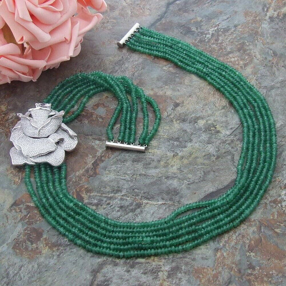 Charming 6 strands 2x4mm Green Jade Necklace Inlay with Zircon Buckle Flower