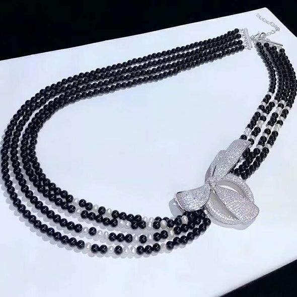 Stunning 4 Strand Black Onyx and Pearl Necklace with Zircon Stone Clasp