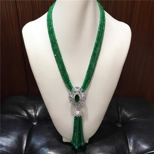 Intricate Hand Knotted Green Jade Tassel Multi Strand Necklace