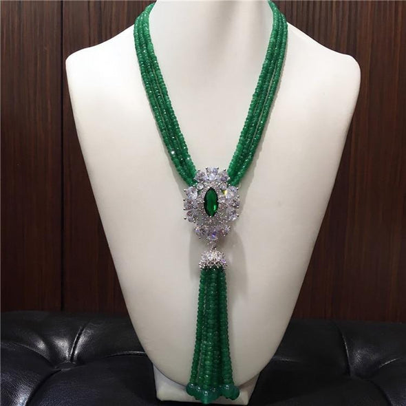 Intricate Hand Knotted Green Jade Tassel Multi Strand Necklace