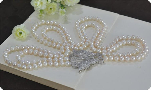 Beautiful Freshwater Doublestrand Pearl Necklace with Unique Butterfly Designed Clasp