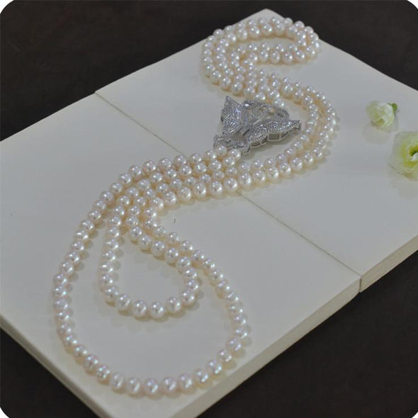 Beautiful Freshwater Doublestrand Pearl Necklace with Unique Butterfly Designed Clasp